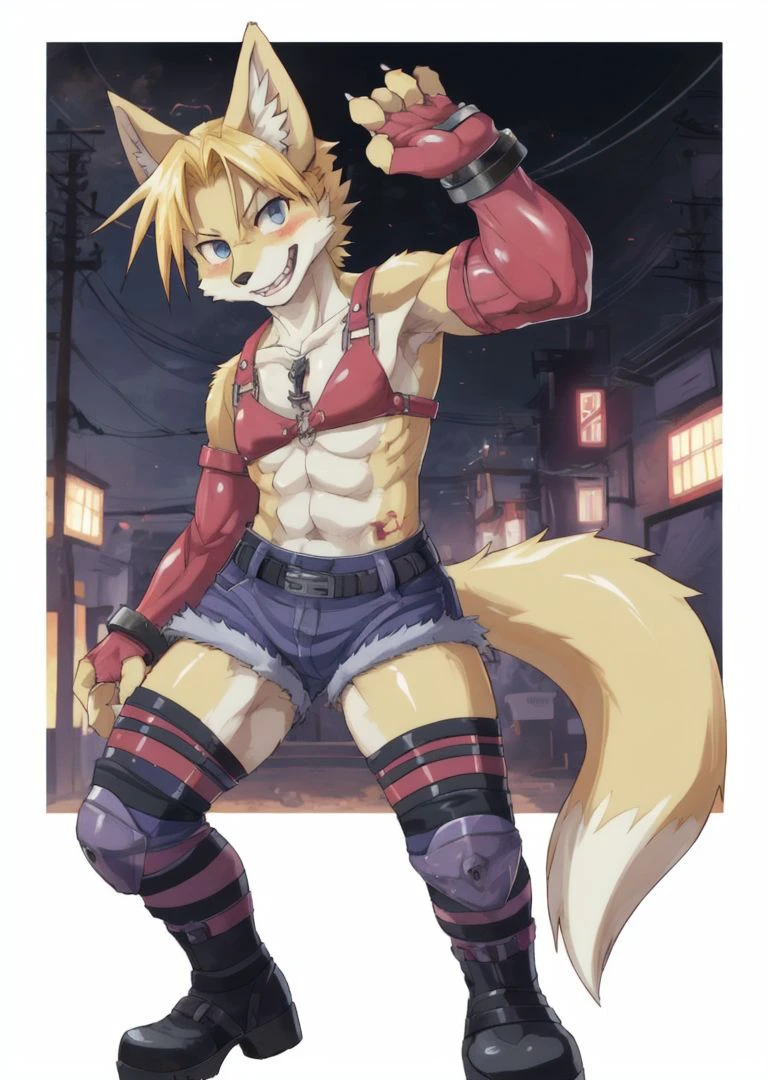anthro,
male,
crossdressing,
solo,
1girl,
fox,
evil,
evil smile,
blood,
metal bikini,
teeth,
fangs,
breast plate,
tonned,
fingerless gloves,
blonde hair,
makeup,
lipstick,
abs,
shorts,
denin shorts,
knee pads,
red gloves, elbow gloves, detached sleeves,
boots,
knee protectors,
shin guards,
<lora:Fox_Bloody_Roar:1> fox_bloody_roar, (best quality, good quality:1.4),
(by dagasi, by daigaijin),
