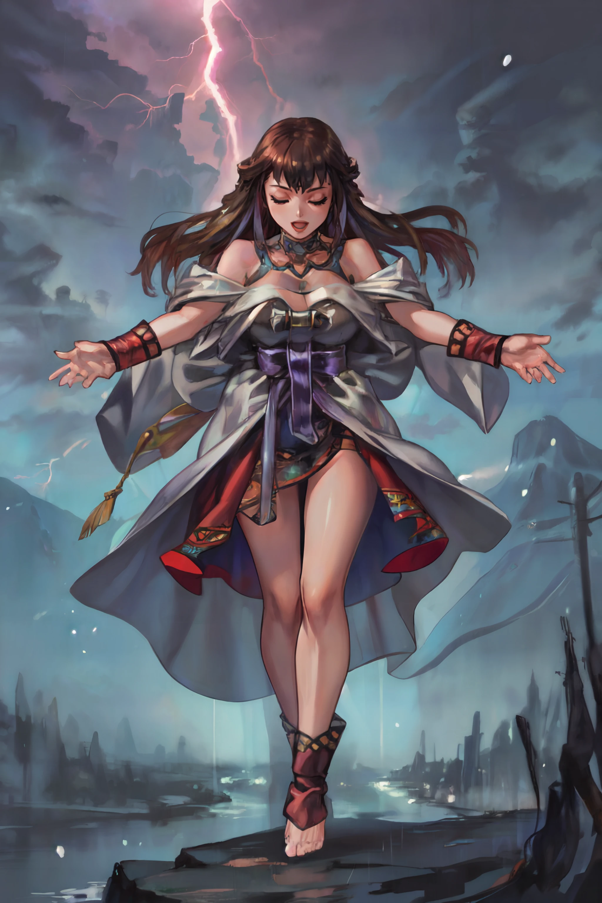 (masterpiece, best quality, ultra detailed, beautiful illustration), atmospheric perspective, depth of field, (full body), sexy pose, dynamic angle,
1girl, beautiful detailed eyes, anime eyes:1.4, looking at the viewer, seductive smile, (gigantic breasts), <lora:ValkyrieProfile_Shiho:1>, ShihoVP, closed eyes, bangs, circlet, choker, jewelry, dress, bare shoulders, cleavage, red skirt, barefoot, (she is standing at the top of a cliff, singing, open arms, open mouth), (magic effects, lightning, particles, energy wisps)
(outdoors, rocky cliff, thunder storm, heavy rain, typhoon),