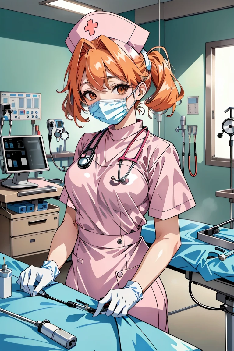 ((masterpiece, best quality,lower_body)), operating table,medical monitors,hospital bed, <lora:Chika Naruse v1:0.8> (chika naruse, 1girl, twintails, orange hair, brown eyes) <lora:surgical_nurse_v1:0.8> (surgical_nurse_v1.0, nurse cap, nurse, latex, stethoscope, latex gloves, surgical mask),