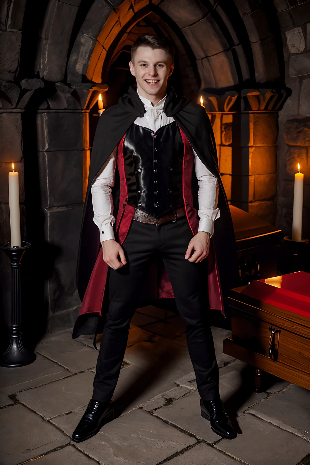 crypt of a medieval castle, standing next to a coffin, candlelight, DmitryOsten, pale skin, dressed as a vampire, (black cloak with red lining), white shirt, red vest, (black pants and shoes), mouth slightly open, (fang teeth), (vampire teeth), (((full body portrait))), wide angle  <lora:DmitryOsten:0.85>