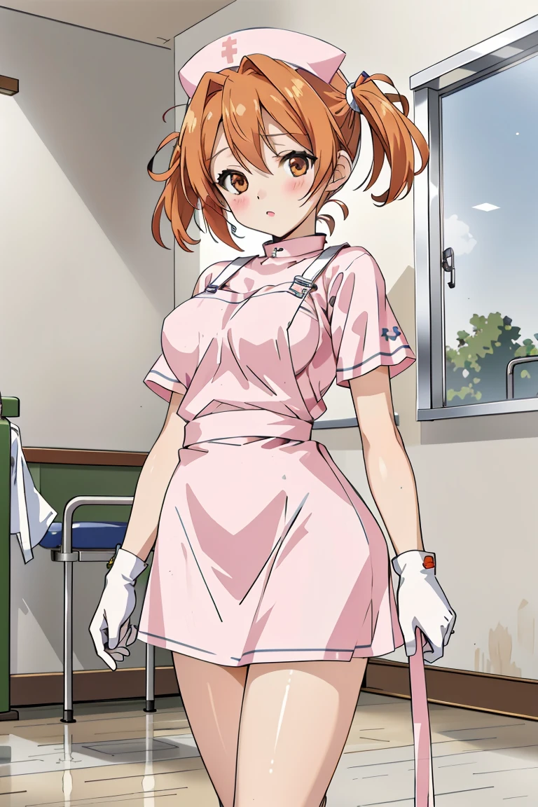 ((masterpiece, best quality,lower_body)), operating table,medical monitors,hospital bed, <lora:Chika Naruse v1:0.8> (chika naruse, 1girl, twintails, orange hair, brown eyes) <lora:0- CL - Latex Nurse Apron V2:0.7> (latex_nurse_v2, nurse, nurse cap, apron, gloves,shiny dress),