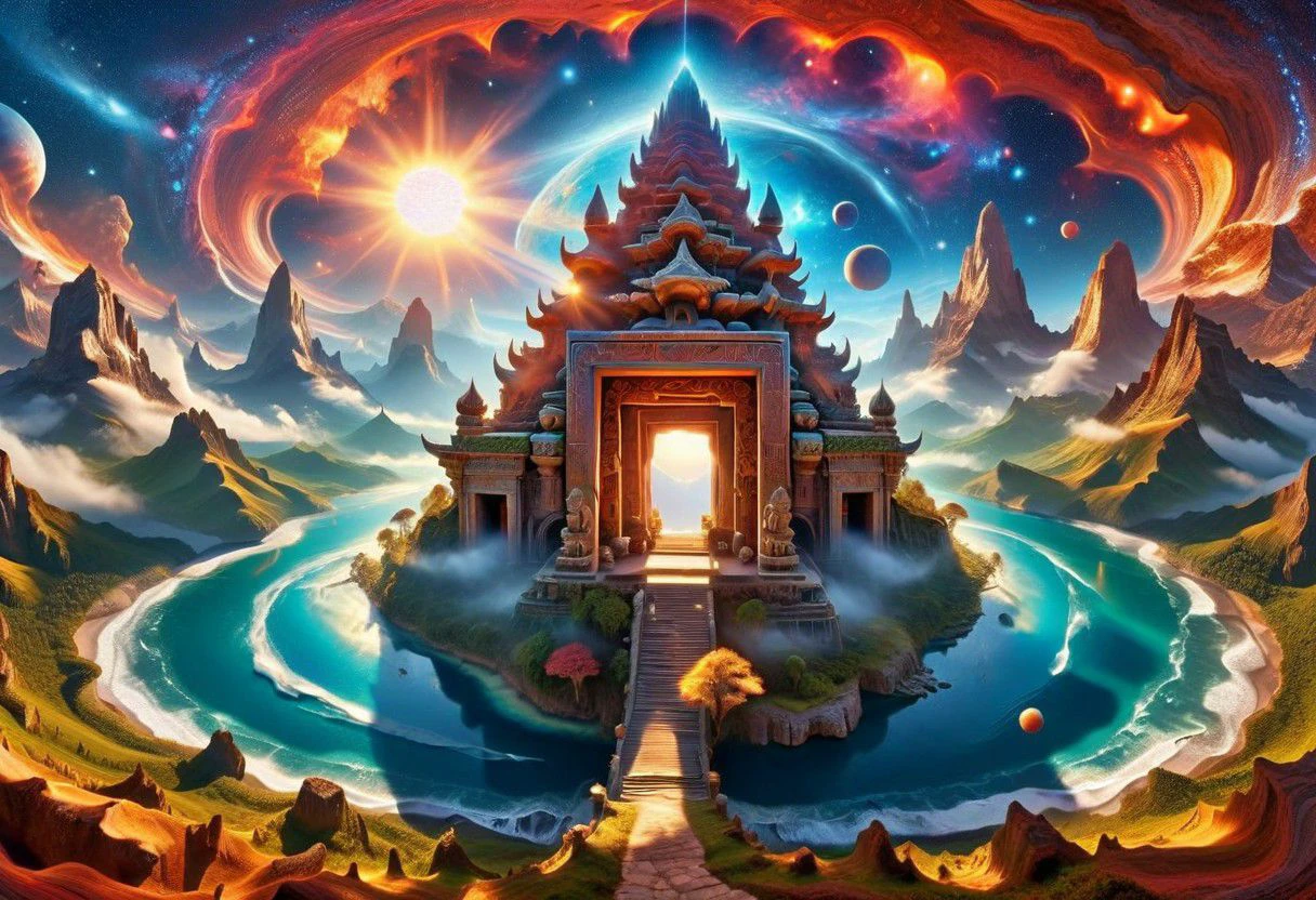 Surreal Odyssey: Amidst a cosmic expanse, an ancient temple floats, adorned with intricate carvings and glowing symbols. Celestial beings dance in the astral light, while surreal landscapes stretch into infinity. By Hans-Werner Sahm and Marc Adamus. 64K, UHD, HDR, ethereal atmosphere, vibrant colors, surreal details.