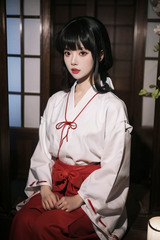 ltra-detailed,highly detailed,best quality,masterpiece,illustration,realistic,photorealistic,
1girl, solo,
kikyo,miko, hakama skirt, wide sleeves, long sleeves, ribbon-trimmed sleeves,
very long hair, blunt bangs, low ponytail,
looking at viewer,
indoors, photo background, east asian architecture,
<lora:kikyo miko_v1_07:0.7>