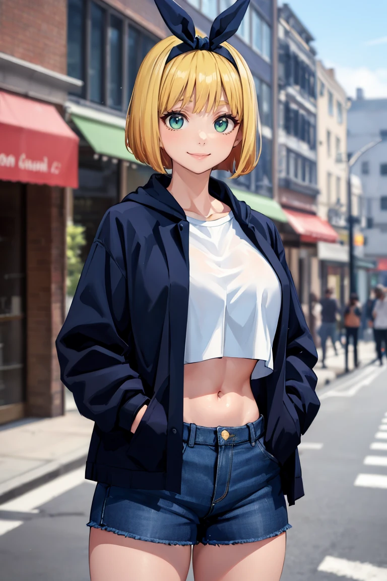 masterpiece, best quality, absurdres, ShushuSuruga, bob cut, black hairband, blue jacket, t-shirt, midriff, denim shorts, standing, outdoors, city, hands in pockets, smile, <lora:ShushuSuruga:1>