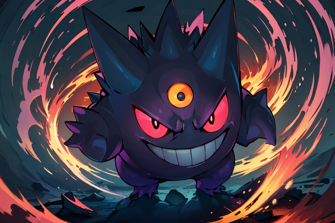 ((masterpiece,best quality)), absurdres, <lora:Gengar_v4:0.8>, gengar, no humans, gengar, :d, creatures (company), game freak, gen 1 pokemon, glowing, glowing eyes, kaosu (kaosu0905), nintendo, no humans, open mouth, pink eyes, pokemon, pokemon (creature), smile, solo, teeth,