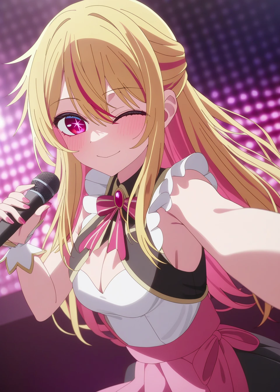 best quality,masterpiece,highres,absurdres,newest,rating: rating: questionable, <lora:Ruby_Hoshino_XL-step00001400:0.9> ,(ruby_hoshino, blonde hair, bangs, 1girl, pink eyes, long hair, looking at viewer, red eyes, streaked hair,hair between eyes),(stage:1.1),smile,one eye closed, microphone, dancing, idol costume,
