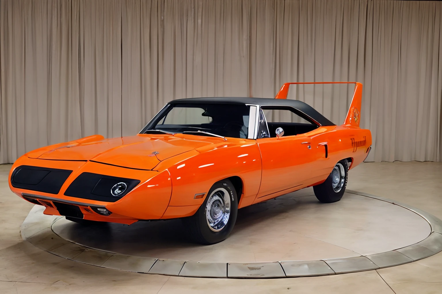 Photo of a red 1970sb 1970 Plymouth Superbird, right front view, at a gas station <lora:1970_Plymouth_Superbird_by_IMAK:1>
