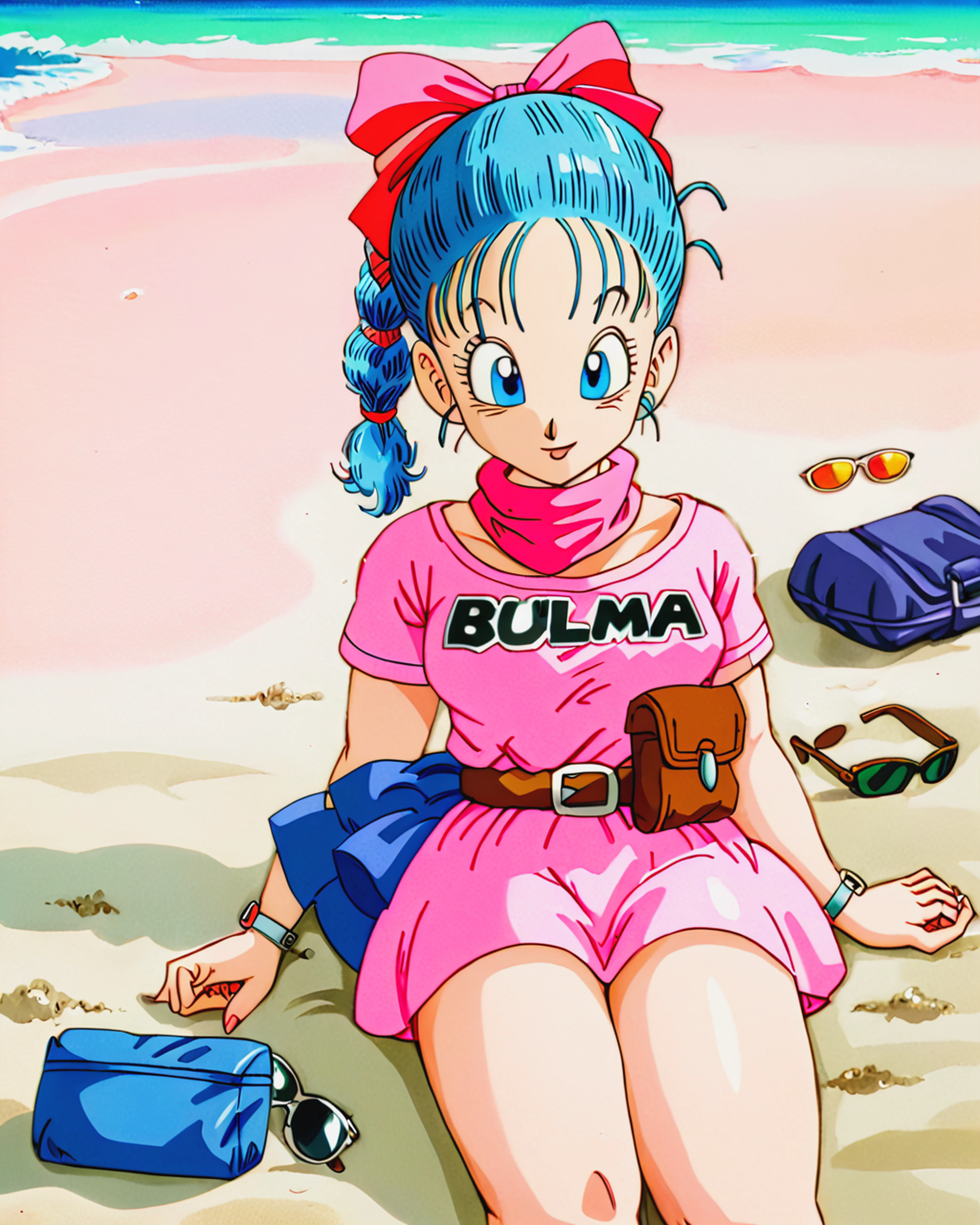 <lora:db1_bulma_XL-000030:1> db1_bulma, pink dress, blue hair, blue pouch, relaxing at the beach
