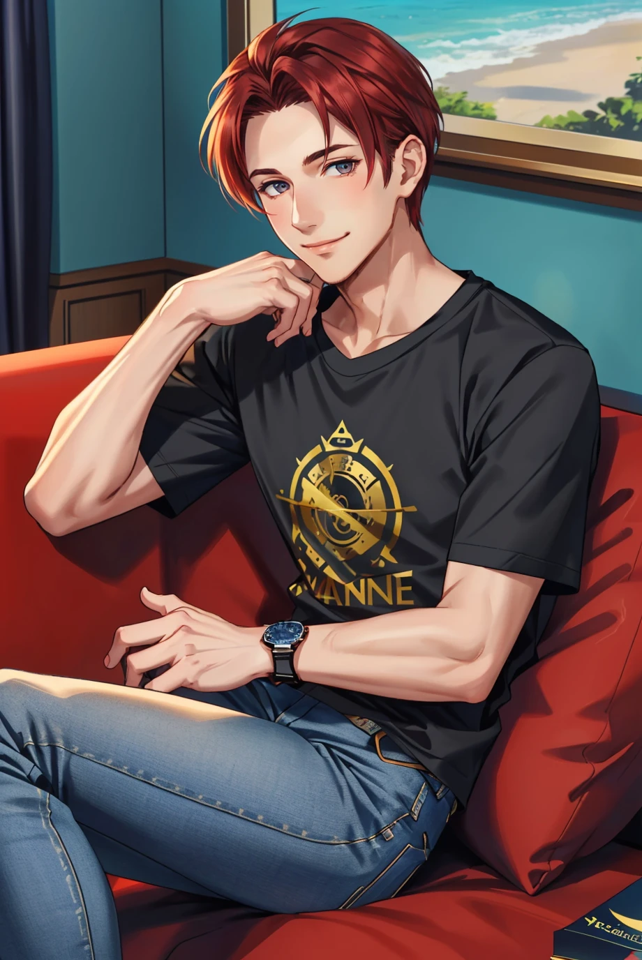 high quality, 1boy, sitting, couch, solo, looking at viewer, smile, <lora:SethFE8-bsinky-v1:0.7> defSeth, black t shirt, jeans, wristwatch, indoors