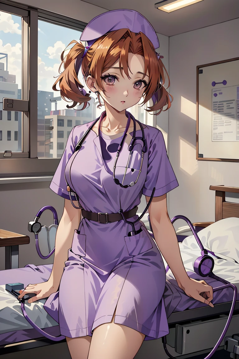 ((masterpiece, best quality,lower_body)), operating table,medical monitors,hospital bed, <lora:Chika Naruse v1:0.8> (chika naruse, 1girl, twintails, orange hair, brown eyes) <lora:0- CL - Purple Nurse:0.8> (purple_nurse_cst, stethoscope, nurse, nurse cap, purple headwear, purple dress, jewelry),