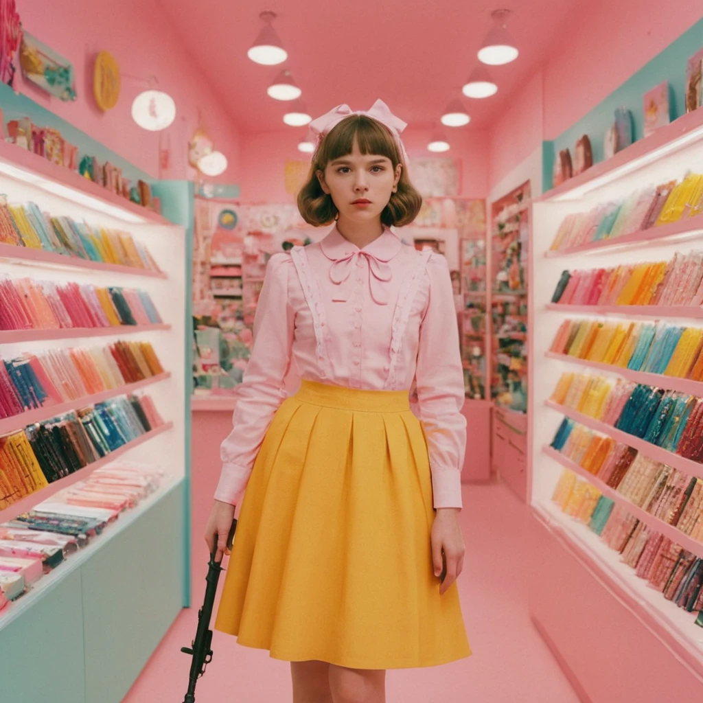 w3s and3rson movie style,kawaii woman,full body,candid shot,at a colorful weapon store in colour palette by w3s and3rson,vivid colours