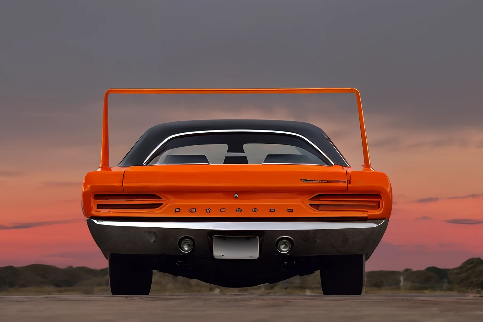 Photo of a orange 1970sb 1970 Plymouth Superbird, rear view, sunset <lora:1970_Plymouth_Superbird_by_IMAK:1>