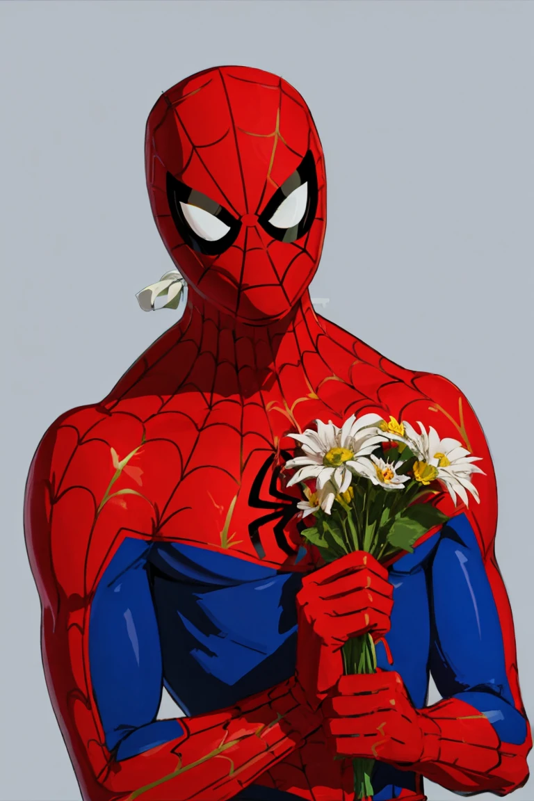 spidey, 1boy, solo, male focus, mask, superhero, spider web print, red bodysuit, blue bodysuit, multicolored clothes, looking at viewer, upper body, holding flower, holding bouquet, simple background <lora:Spider-Man (Peter B. Parker) v1.0 LoRA_SD v1.5_1024_Merge_1:0.8>