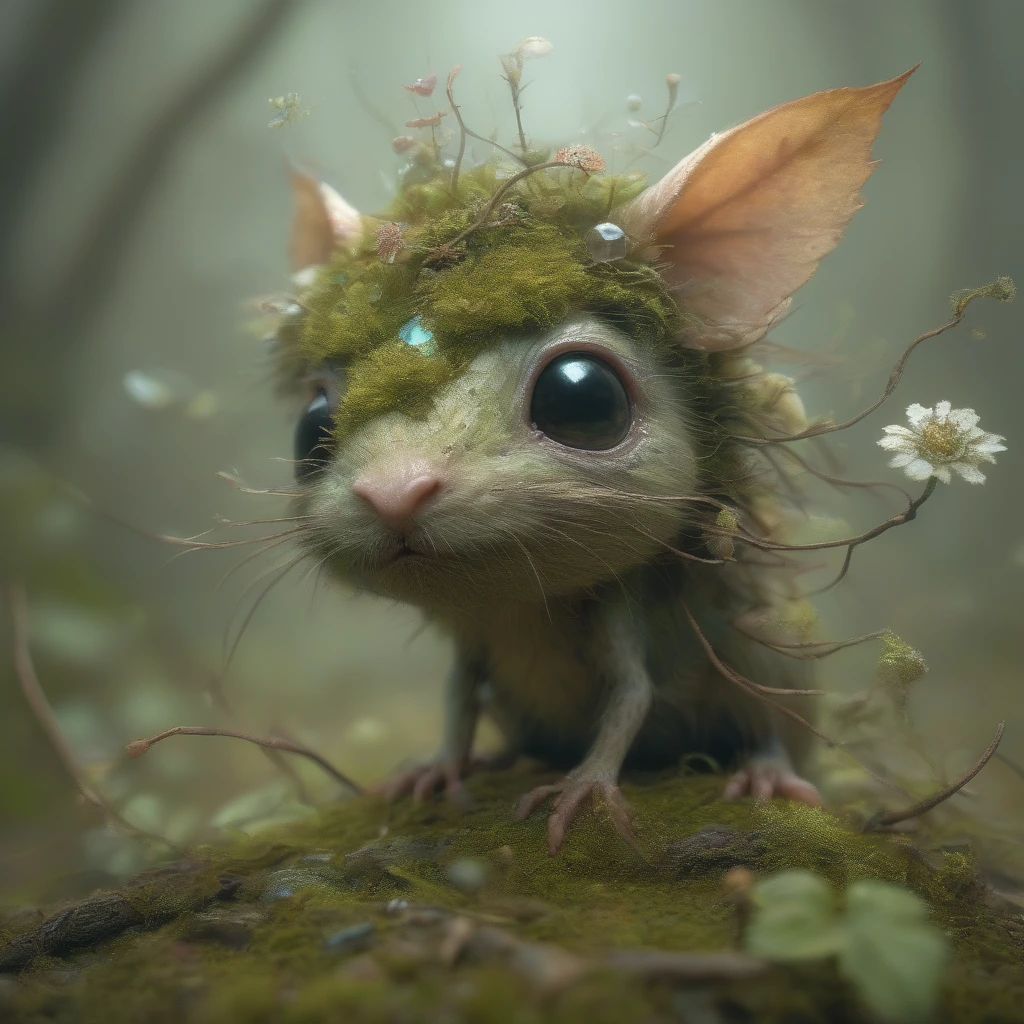 <lora:artfullytinyfae_sdxl_v1:0.64>,mouse,oodland creature searching for a mate,biome made of moss,twigs,flowers,gems,crystals,light,wind,energy,hope,ultra high definition,glossy,photo realistic,3d,national geographic photo of a fae caught on camera in his biome,princess and wise,with silly,