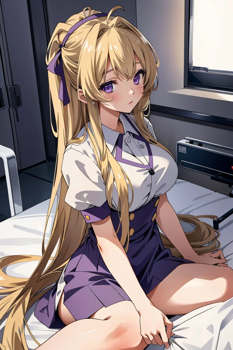 ((masterpiece, best quality,lower_body)), operating table,medical monitors,hospital bed,  <lora:Hitomi Naruse v1:0.8> (hitomi naruse, 1girl, very long hair, large breasts, blonde hair, purple eyes, hair ribbon, antenna hair),