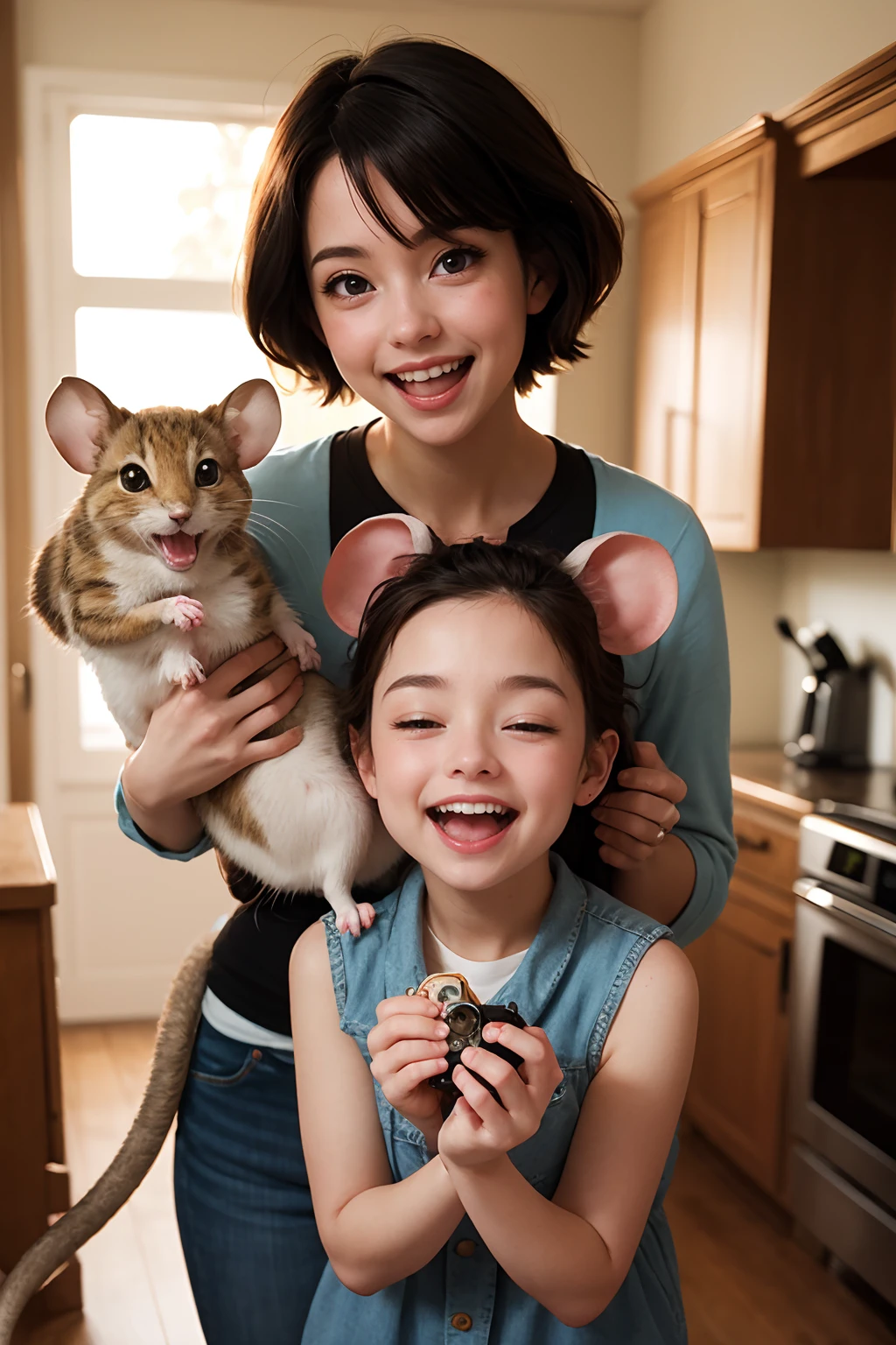 by (((Lori Earley) and Kelly Sue Deconnick ) and Makoto Shinkai ) and Evgeny Lushpin, digital oil pastel on canvas of a kodak motion picture film of a cute happy woman holding up two cute mice while laughing maniacally laughter, dual wielding mice
