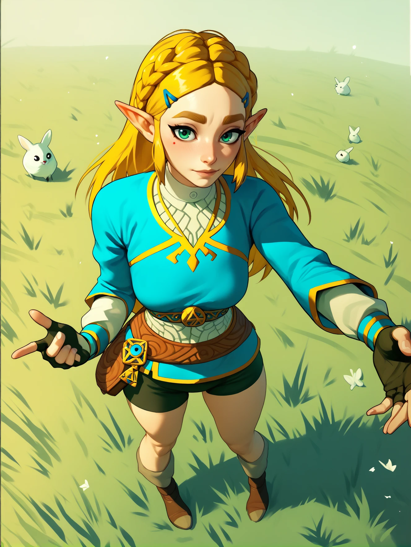 score_9, score_8_up, score_7_up, score_6_up, score_5_up, score_4_up, zelda \(the legend of zelda: breath of the wild\), standing in grass field looking at viewer,  <lora:PopogoriXL:1>
