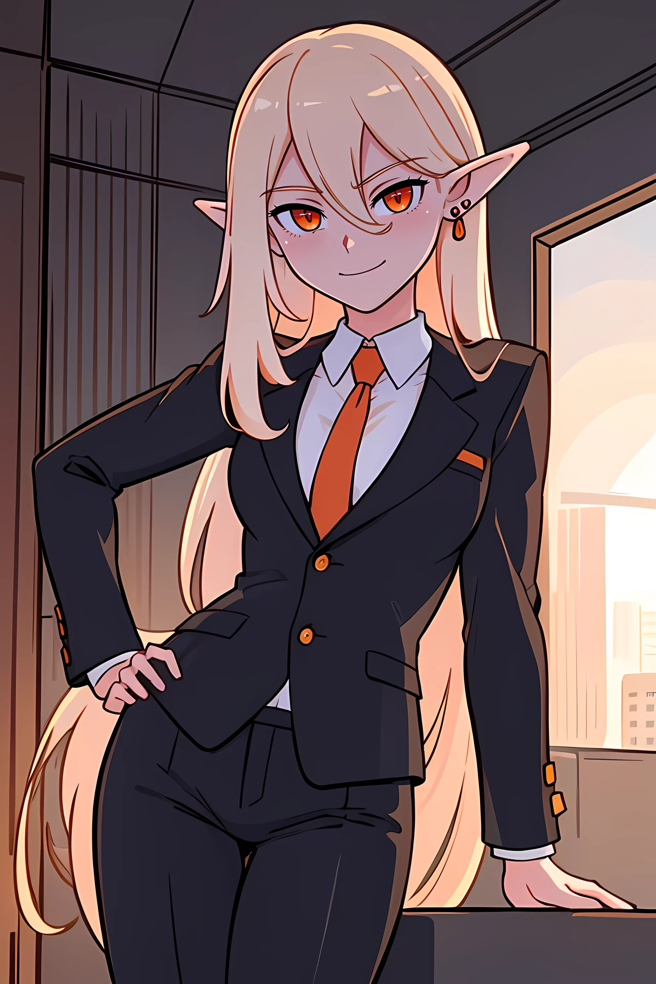 dark shot, masterpiece, best quality, very detailed illustrations, <lora:Iris:0.5>, 1girl, solo, elf,  long blonde hair, earrings, orange eyes, hair between eyes, looking at viewer,  ((business suit)), smile, sexy body, Moscow background