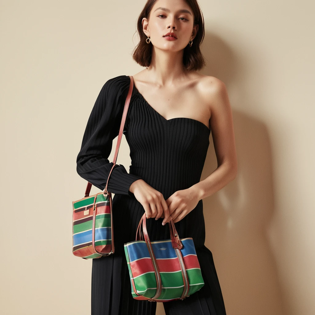 Capture an elegant and realistic style photo suitable for a fashion magazine, showcasing a single-shoulder bag as the centerpiece. The bag, distinguished by its unique design and luxurious material, is displayed prominently against a minimalist, chic background that emphasizes its features and craftsmanship. The lighting is soft yet precise, highlighting the bag's texture and color, with a model posed in a way that accentuates the bag's functionality and style. The composition is sophisticated, ensuring the single-shoulder bag stands out as a statement piece of modern fashion <lora:twlv:0.8>,multicolored