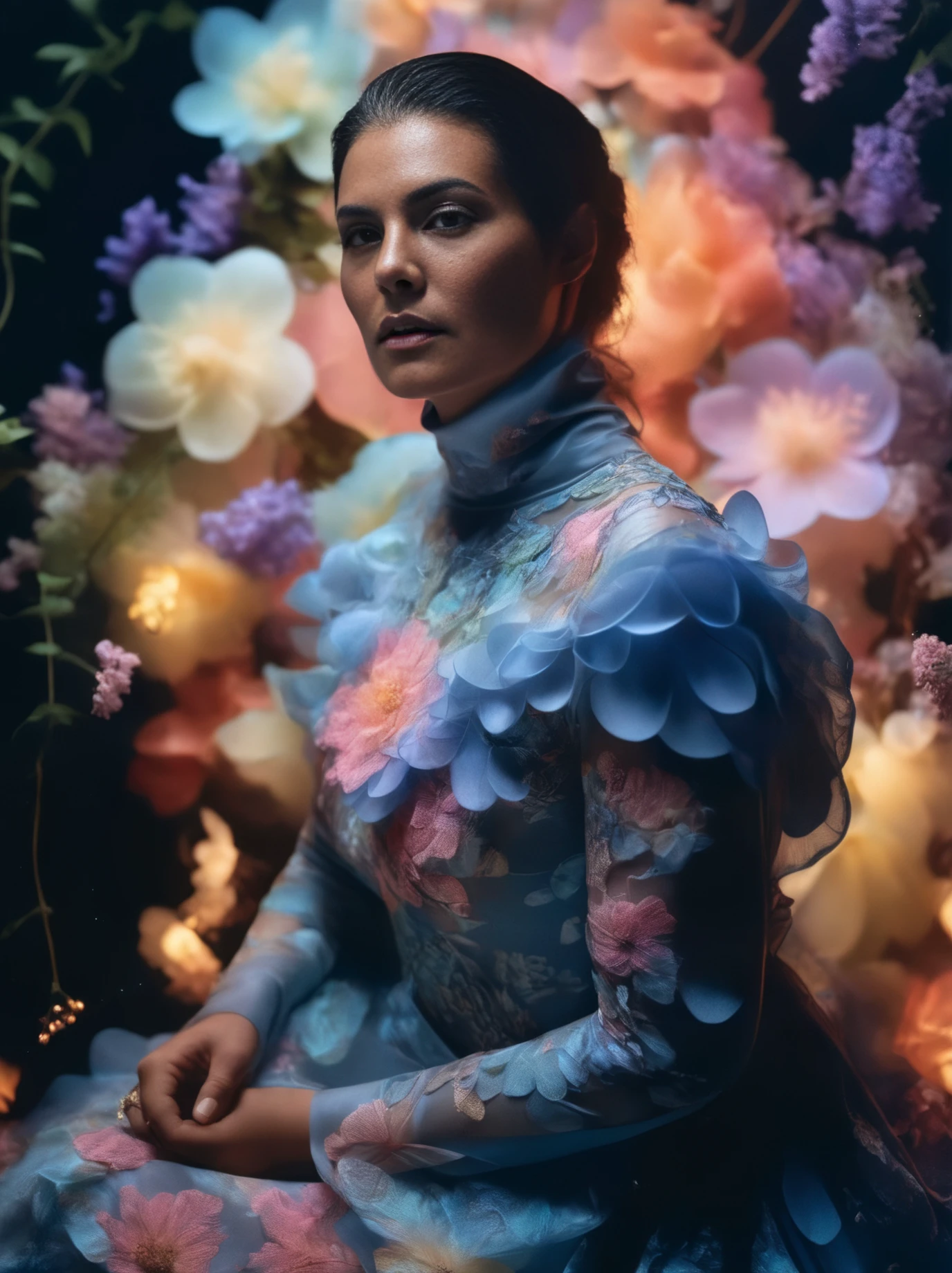 Photorealism <lora:KorinthiouSDXL-000008:1>, KorinthiouSDXL, photography, (centered:1), A Photograph of a seductive muse, bathed in the ethereal glow of bioluminescent blooms, as her vibrant turtleneck dress transforms into an enchanting floral cascade <lora:neg4all_xl_bdsqlsz_V5:1> <lora:add-detail-xl:1.7>, Ultra-realistic, Manic, Pixiecore, Direct light, film grain, Kodak portra 800, 800mm lens, biomorphic forms, dark pastel dust particles, wallpaper, 8K, photorealistic, highly detailed:1.2), best selling (masterpiece, colorful:1), pores, (glossy and and wet and sweaty skin:0.8), volumetric lighting, dslr, subsurface scattering, highest quality, (professional:1), (sharp focus:1.2), dermaesthetic, cold and pale and light colors, (light contrast and soft shadows:1.2), Photorealism, often for highly detailed representation, photographic accuracy, or visual illusion.