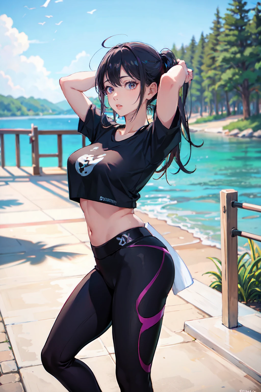 a woman wearing tshirt and yoga pants, lakeside, (natural lighting:0.5) <lora:fic-Xiao:1>