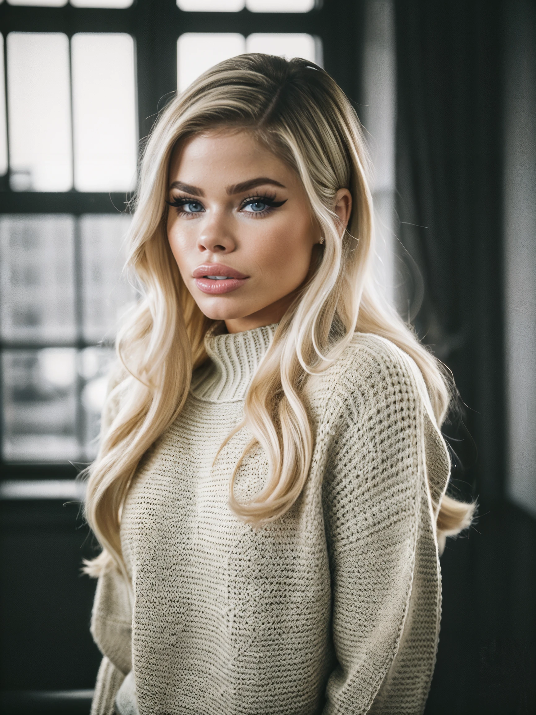 1 girl in, 19years old, Alone, with long coiled hair, Colossal tits, Long messy blonde hair, The camera is facing down, Kneel on the floor, Look up at the camera, semi smile, bite lips, Blonde hair, full bodyesbian, (Extremely detailed 8K wallpaper), gentlesoftlighting, high qulity, filmgrain, Fuji XT3 sharp focus, f 5.6, 50 millimeters, high detal, Focus sharp,(natural soft light), (Tempting), Knitted sports top, Thick stripes, Pure black skirt, Revealing the, actual, an sexy