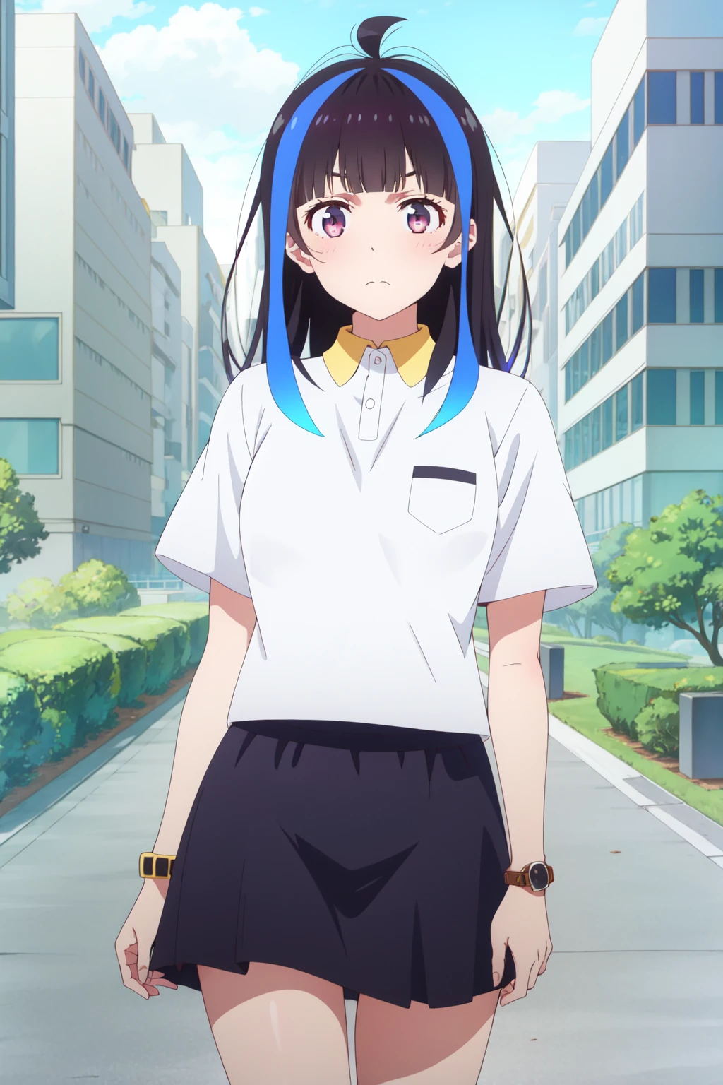 Minya Johnson, Mini Yaemori, Long hair, Bangs, Black hair, Blue hair, (Purple eyes:1.1), multicolored hair, Blunt bangs, striated hair, Ahoge,BREAK  shirt, White shirt, Short sleeves, clothes writing,BREAK looking at viewer,BREAK (masutepiece:1.2), Best Quality, High resolution, Unity 8k壁纸, (Illustration:0.8), (Beautiful detailed eyes:1.6), extra detailed face, Perfect Lighting, extremely details CG, (Perfect hands, Perfect Anatomy),Naughty big、Smile with open mouth、cowboy  shot、thighs thighs thighs thighs、(Skirt lift:1.3), (white  panties:1.3)、(Skirt that rolls up:1.3)、(Fully exposed panties:1.5)、outside of house、plein air、double tooth、