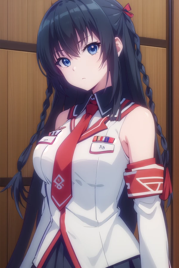 hayuruhimekawa, <lora:hayuru himekawa s1-lora-nochekaiser:1>,
hayuru himekawa, long hair, (black eyes:1.3), black hair, hair ribbon, braid, twin braids
BREAK skirt, thighhighs, ribbon, school uniform, detached sleeves, necktie, black skirt, red necktie,
BREAK indoors, classroom,
BREAK looking at viewer, (cowboy shot:1.5),
BREAK <lyco:GoodHands-beta2:1>, (masterpiece:1.2), best quality, high resolution, unity 8k wallpaper, (illustration:0.8), (beautiful detailed eyes:1.6), extremely detailed face, perfect lighting, extremely detailed CG, (perfect hands, perfect anatomy),