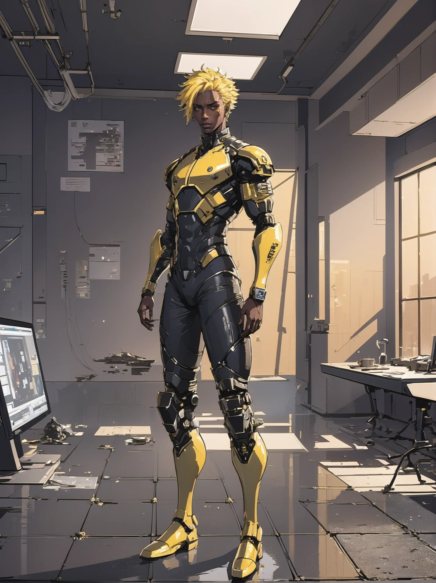 (full body:1.2), 1boy, man, solo, [:creative costume design,:0.2] adventurer, (dark skin:1.3), yellow hair, (slim:1.1) build, Conference Rooms \(room\) in a abandoned prison in a dystopian,techno-pessimist scifi megastructure beyond the end of time, masterpiece<lora:EnvyBetterHiresFixXL01:0@0,0@.49,1@.5:hr=1><lora:EnvySendNoodzXL01:.7>