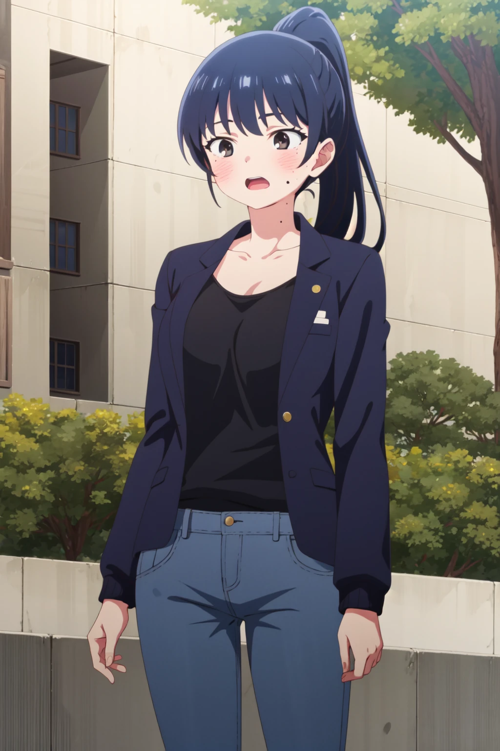<lora:anime_screencap_v2:0.3> tall body, tall, long legs, mature female, mature, adult, <lora:GoodHands-beta2:1.4>, simple background, indoors
<lora:eft_danger_anna:0.8>Eft_anna, 1girl, solo, ponytail, blush, jacket, breasts, outdoors, black hair, long hair, open mouth, black jacket, mole, mole on neck, tree, collarbone, bangs, upper body, black eyes, long sleeves, blue hair, jeans