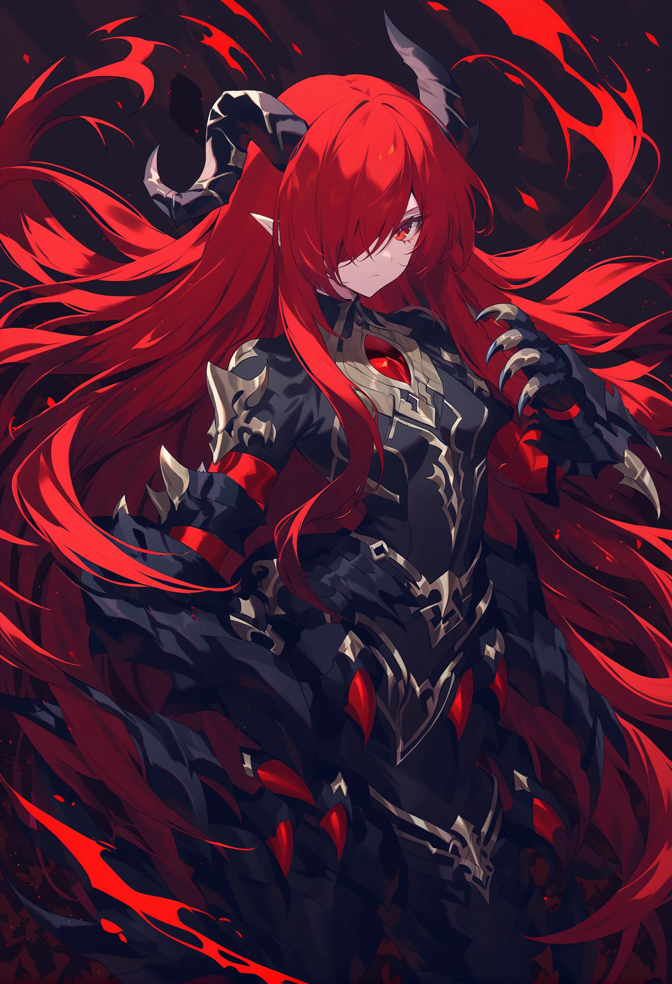 best quality,
solo, long hair, hair over one eye, looking at viewer, claws, horns, closed mouth, 1girl, red eyes