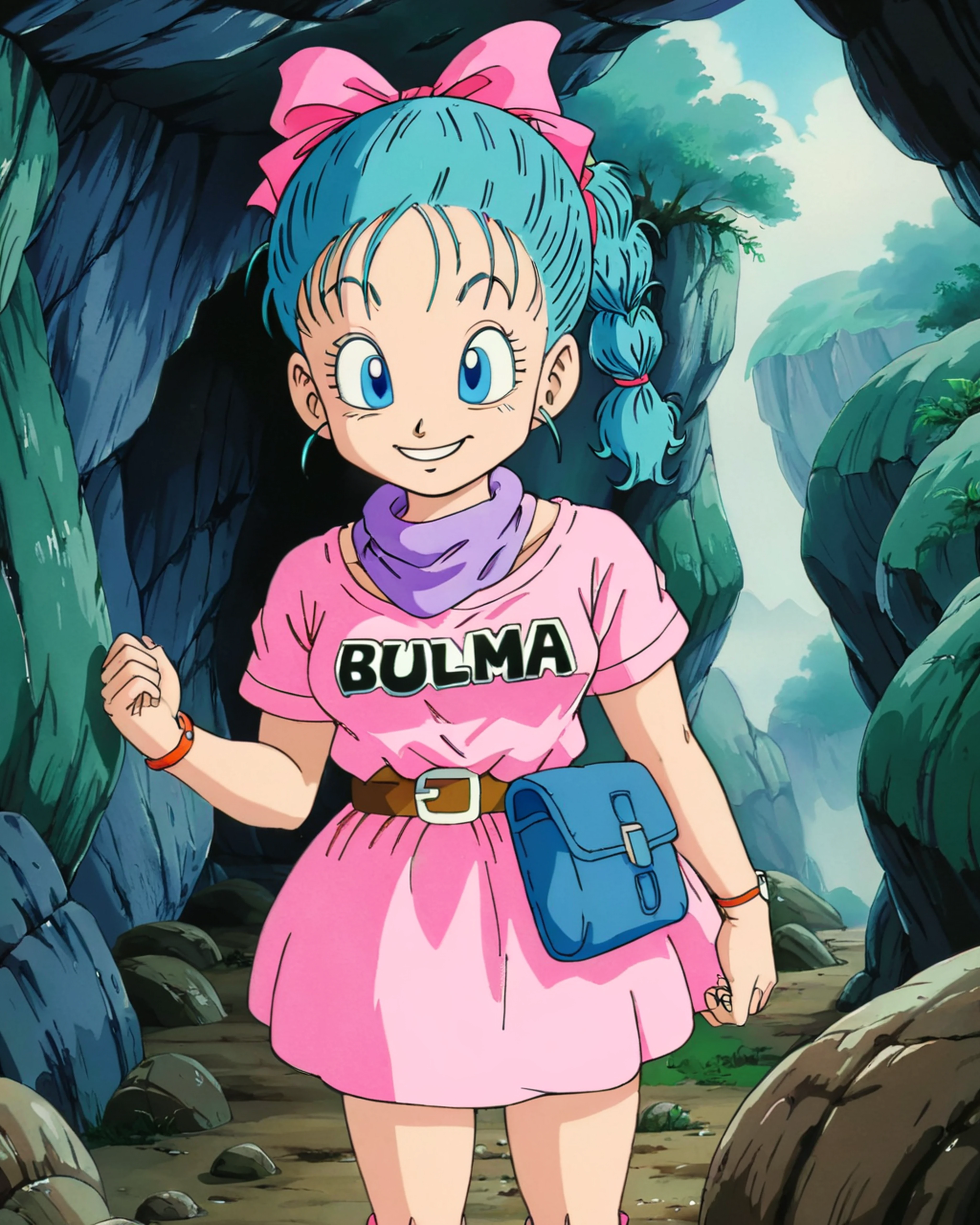 <lora:add-detail-xl:1> <lora:db1_bulma_XL:0.85> db1_bulma, pink dress, blue hair, blue pouch, smiling, exploring a cave