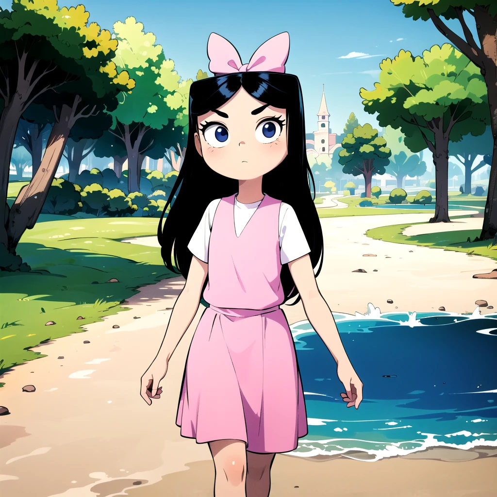 1girl, solo,  black eyes, black hair, blue eyes, hair bow, isabella garcia, long hair, white shirt, pink dress, child, <lora:Isabella_Garcia-Shapiro_Leaf2:0.8>, cowboy shot, walking, park,