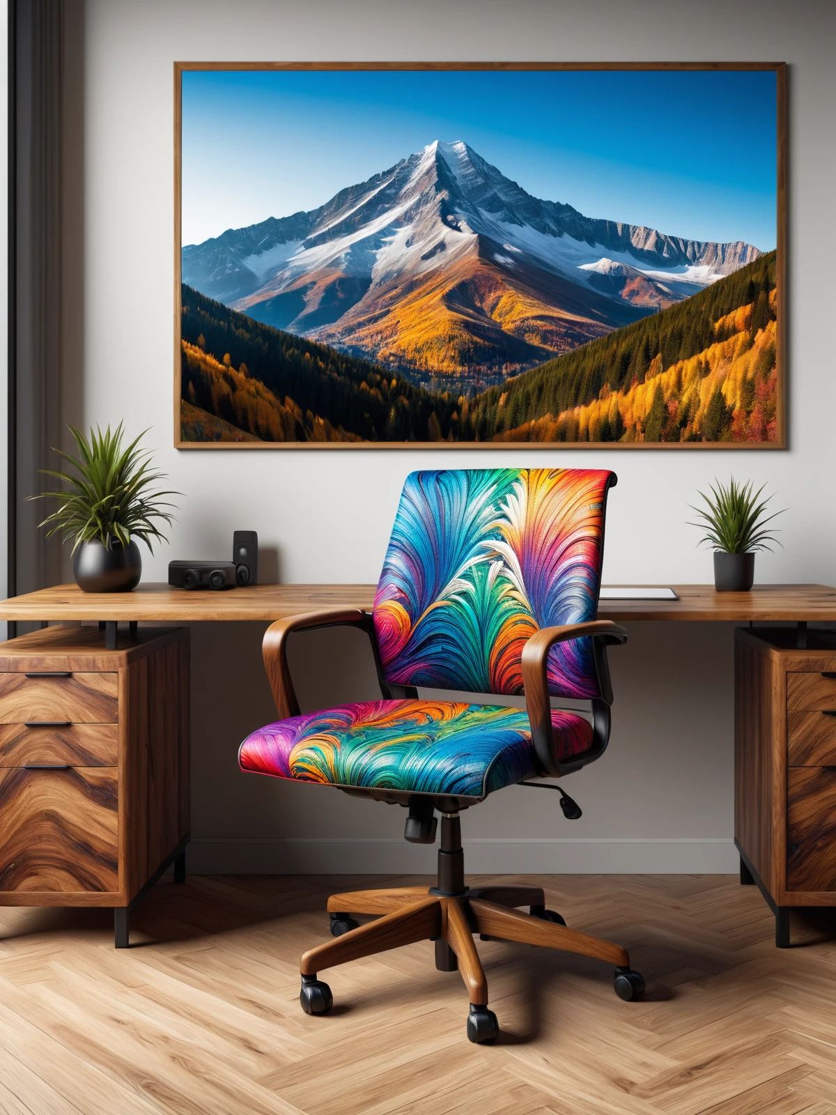 colorful mad-vangaghian office chair and wooden desk in an expensive office, photograph of a mountain on the wall <lora:Colorful_VanGoghian_SDXL:0.8>, (masterpiece:1.2), best quality, (hyperdetailed, highest detailed:1.2), high resolution textures