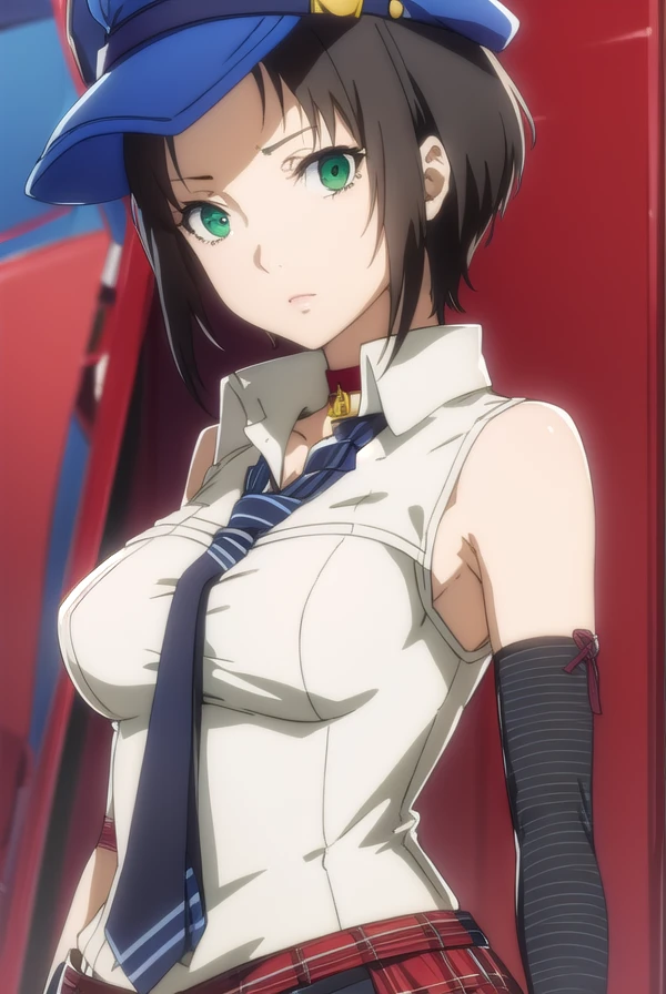 marikokusumi, <lora:mariko kusumi s1-lora-nochekaiser:1>,
mariko kusumi, short hair, black hair, (green eyes:1.3),
BREAK skirt, shirt, gloves, hat, white shirt, necktie, sleeveless, choker, elbow gloves, striped, belt, fingerless gloves, plaid, sleeveless shirt, red skirt, plaid skirt, striped gloves,
BREAK outdoors,
BREAK looking at viewer,
BREAK <lyco:GoodHands-beta2:1>, (masterpiece:1.2), best quality, high resolution, unity 8k wallpaper, (illustration:0.8), (beautiful detailed eyes:1.6), extremely detailed face, perfect lighting, extremely detailed CG, (perfect hands, perfect anatomy),