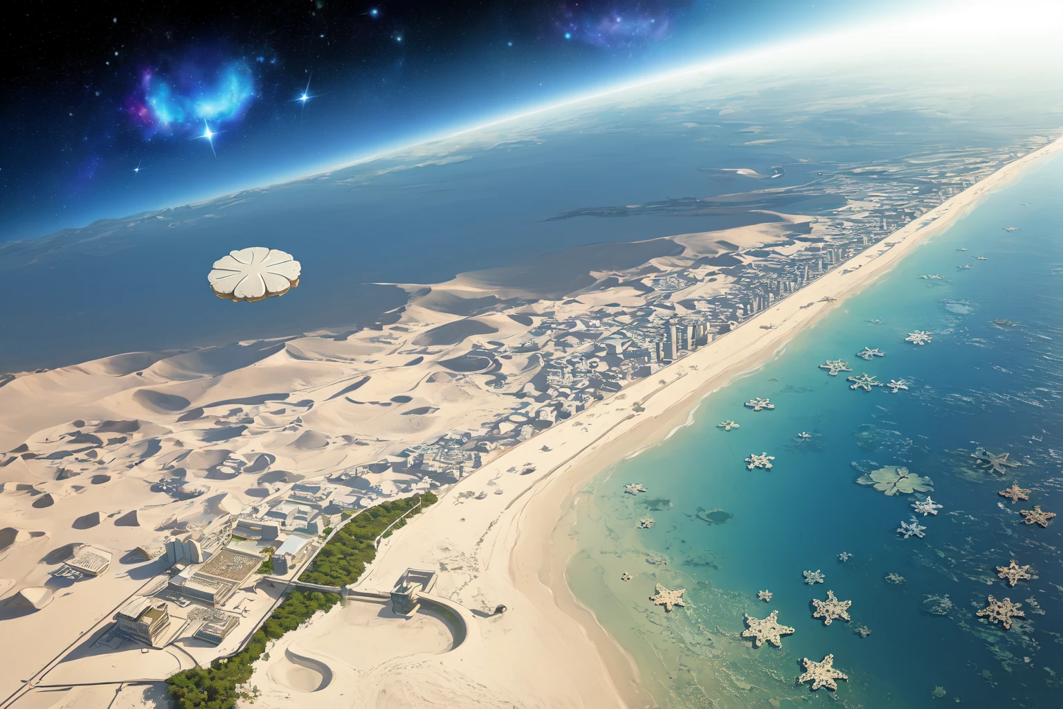 sand dollar flying across the galaxy, aesthetic landscape