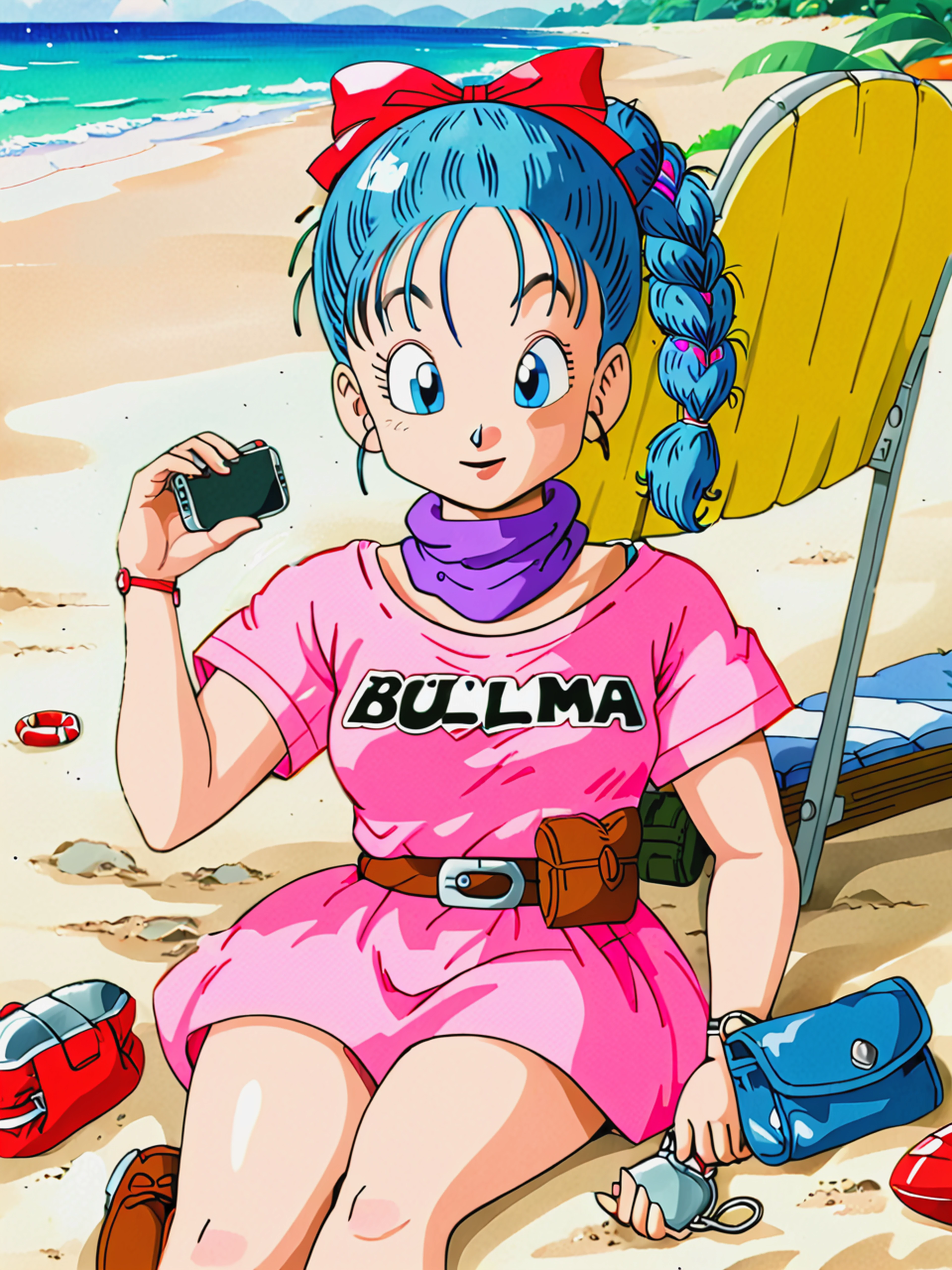 <lora:db1_bulma_XL-000040:1> db1_bulma, pink dress, blue hair, blue pouch, relaxing at the beach