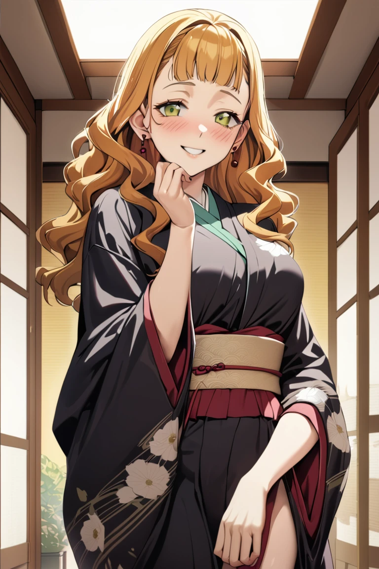 masterpiece, best quality, ultra detailed, cute, 
1girl, mimosa vermillion, green eyes , wavy hair, earrings,
kimono, japanese clothes, japanese background,, blush, smile ,cowboy shot, looking at viewer, best quality, absurdres, best aesthetic
<lora:MimosaVermillion_XL-000009:1>