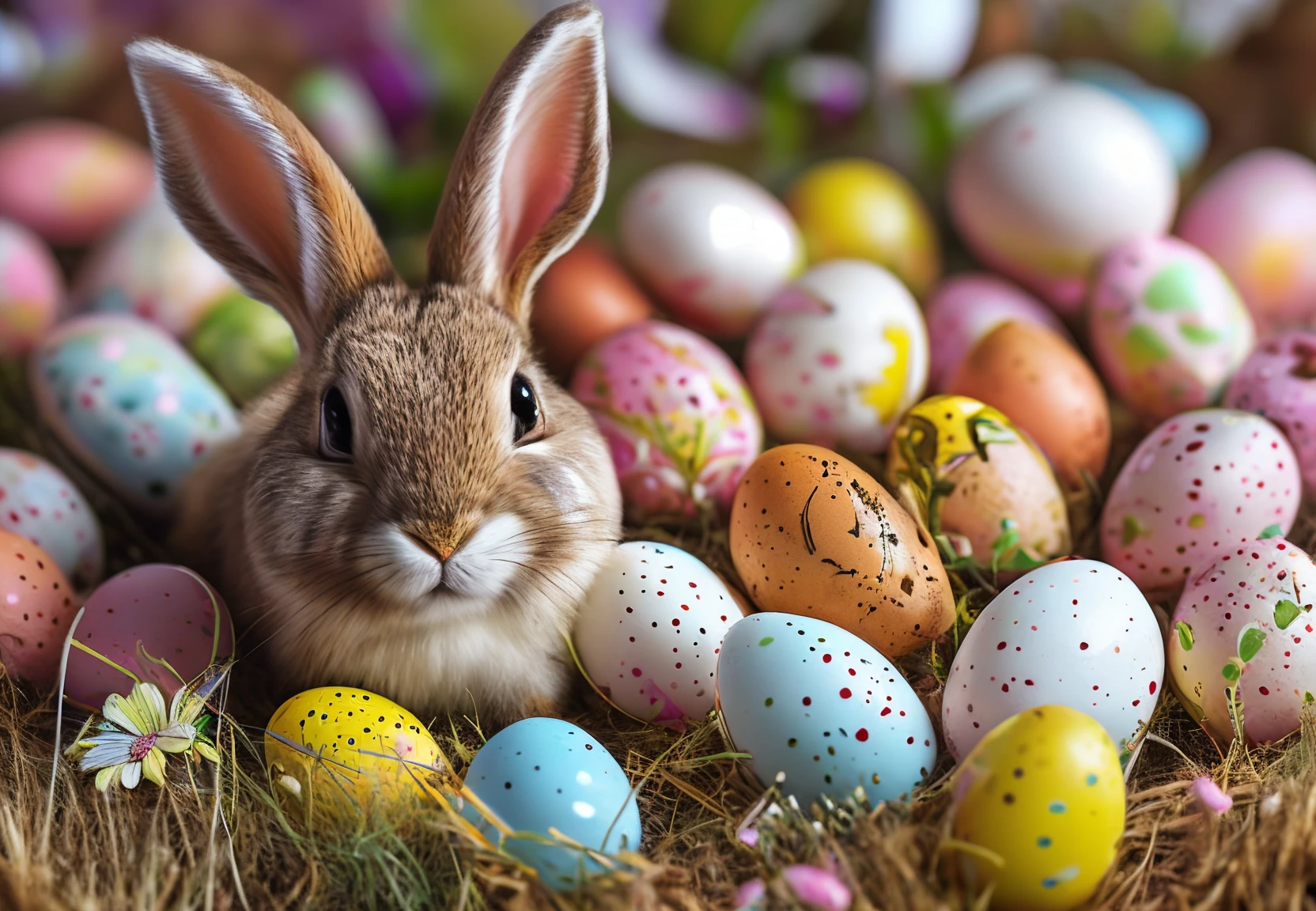 Happy Easter bunny with many colorful easter eggs