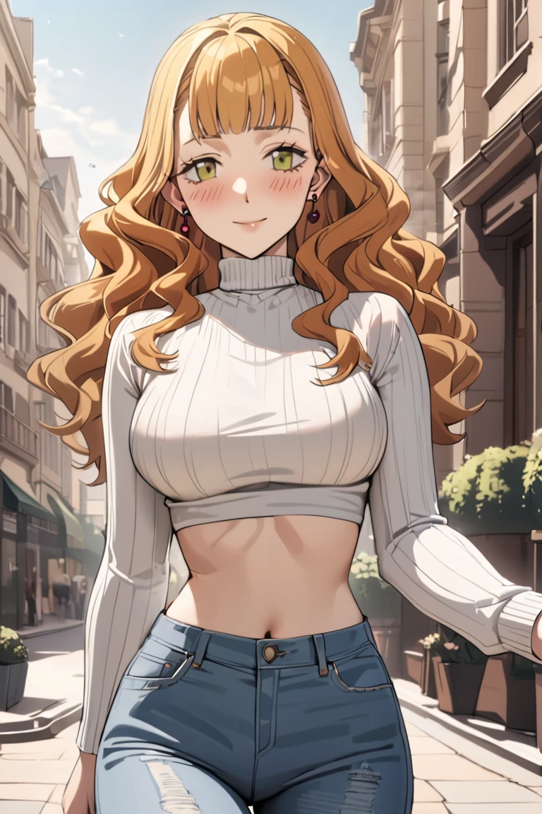 masterpiece, best quality, ultra detailed, cute, 
1girl, mimosa vermillion, green eyes , wavy hair, earrings,
turtle neck, crop top, long sleeves, jeans, elegant, outdoors, modern,, blush, light smile ,cowboy shot, looking at viewer, best quality, absurdres, best aesthetic
<lora:MimosaVermillion_XL-000009:1>