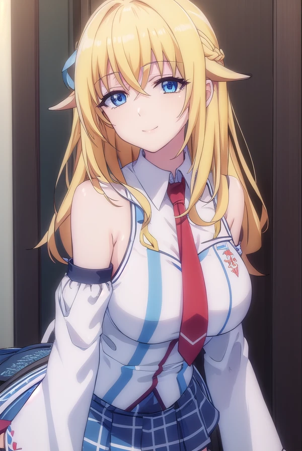 Yurishia Farandole,(big breasts:1.5),shiny,hair,((alone)),((masterpiece)),((highest quality)),perfect anatomy,slim waist,perfect image,8k uh,(detailed and beautiful eyes:1.5),highly detailed face,Are standing,(Upper body:1.1),(look ahead:1.1),back arm,Super detailed,disorganized,High resolution,indoor arena,blonde hair,(blue eyes),red and white uniform,bare shoulders,tie,sleeveless shirt,前hair,long hair,