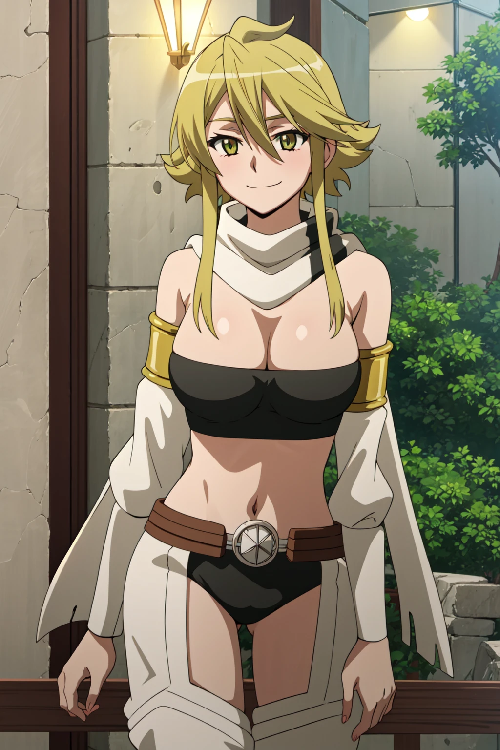 <lora:anime_screencap_v2:0.3> tall body, tall, long legs, mature female, mature, adult, <lora:GoodHands-beta2:1.4>, simple background, indoors
 <lora:eft_akame_yellow:0.8> Eft_akame_yellow, 1girl, breasts, solo, blonde hair, cleavage, smile, upper body, short hair with long locks, sidelocks, yellow eyes, tree, scarf, large breasts, white scarf, strapless, detached sleeves, hair between eyes, bare shoulders, closed mouth, outdoors, day, anime coloring, armlet, green eyes, medium breasts, bangs, short hair, tube top, long hair, panties, white thighhighs