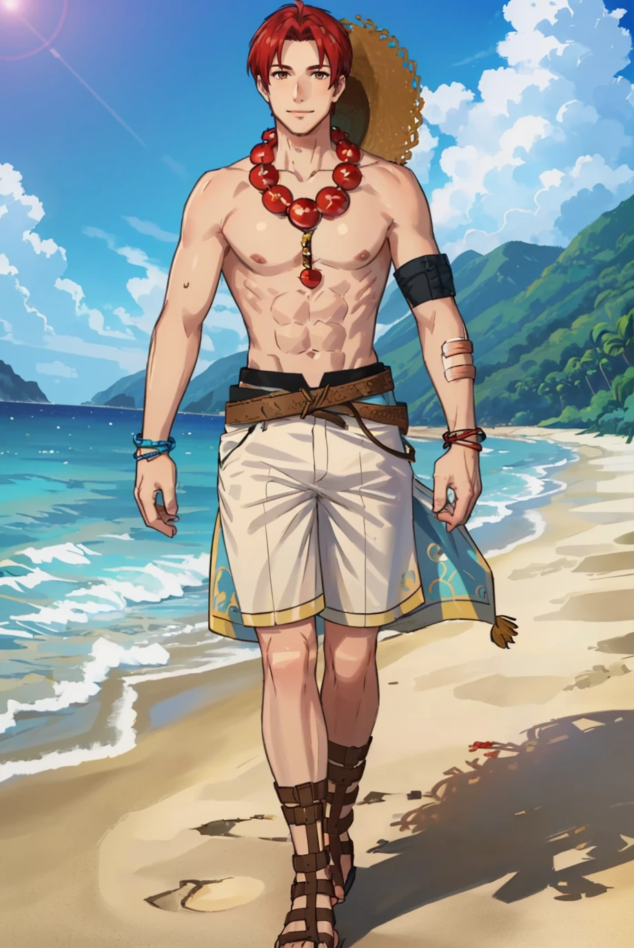 uploaded on e621, explicit content, 3d, aiser0, tokifuji, male, solo, (Mahatma Gandhi), fate grand order, beach setting, small penis, petite figure, (male jock-strap), thick thighs, wide hips, toned stomach, lean,three-quarter portrait, closeup, young boy