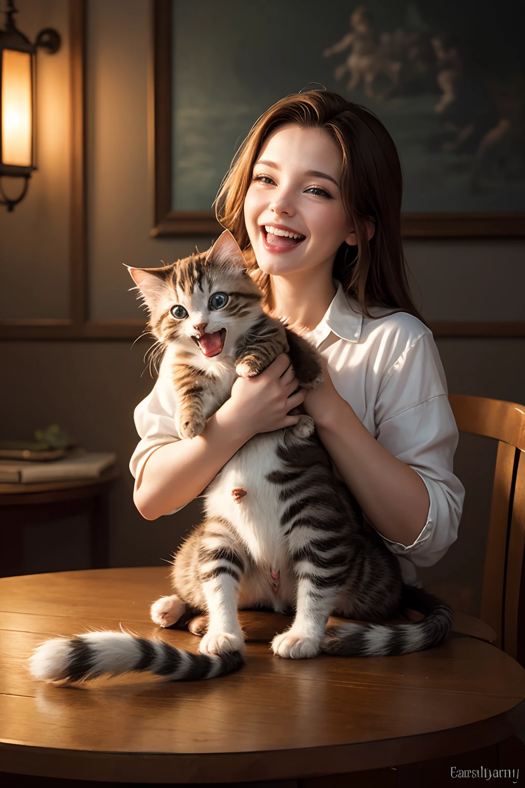 by (((Lori Earley) and Brian Mashburn ) and Mark Keathley ) and Evgeny Lushpin, hyperdetailed photography of a cute happy woman holding up two cute kittens while laughing maniacally laughter, dual wielding kittens