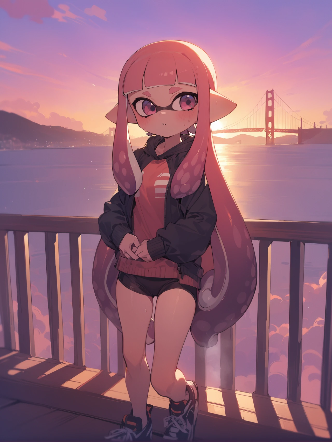 masterpiece, best quality, high quality, 1girl, solo, splatoon inkling, tentacle hair, amazing composition, saturated colours, vibrant, incredible lighting, beautiful sunset, golden gate bridge, San Francisco, <lora:SplatoonInkling_v030:1>