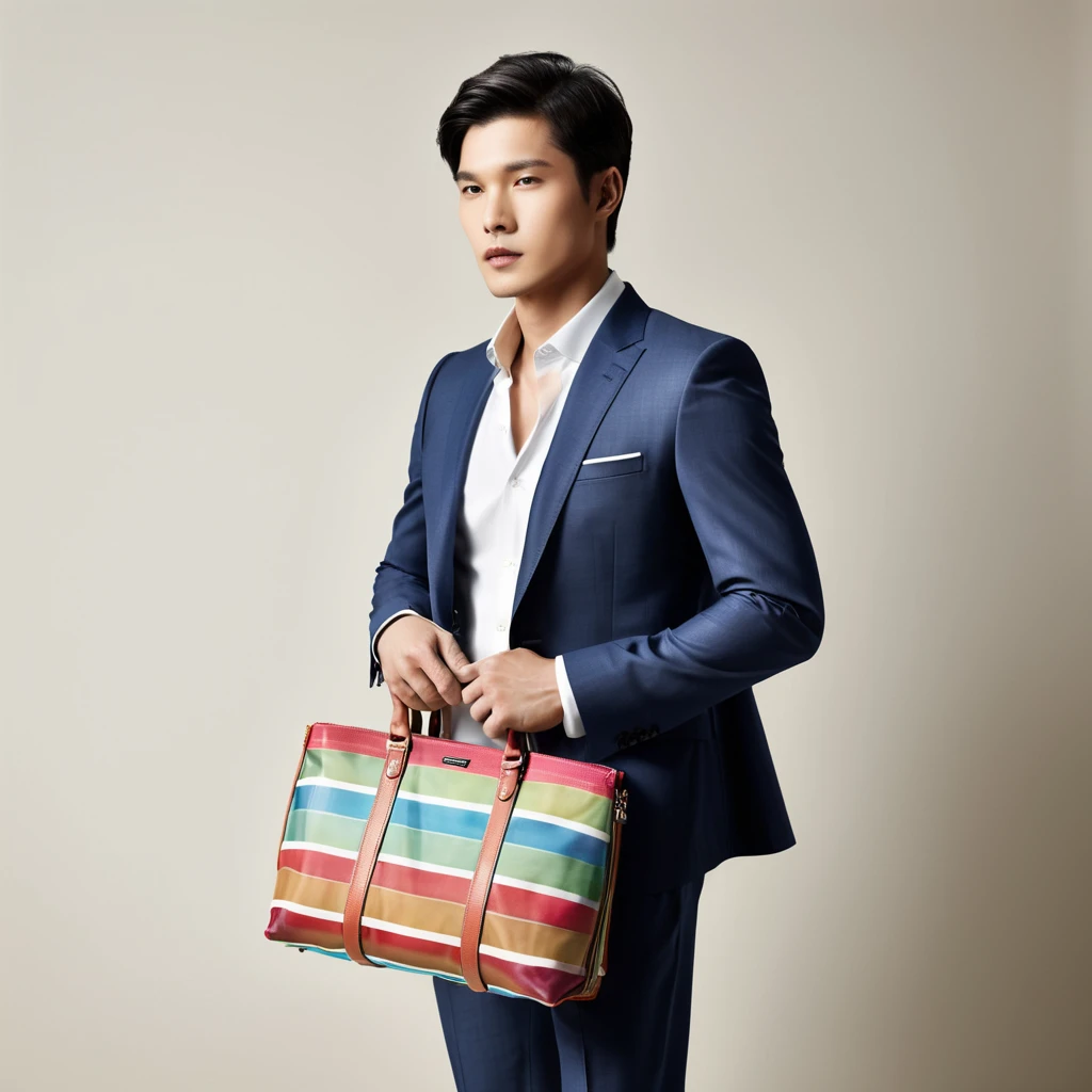 Capture a realistic and high-fashion magazine style photograph, showcasing a handbag with an Asian male model. The model should exude elegance and confidence, dressed in modern, upscale attire, complementing the featured accessory. The handbag is to be the focal point, held naturally yet prominently by the model. Ensure the lighting accentuates the bag's materials and the model's refined features, with a clean, sophisticated backdrop that enhances the luxury appeal of the product, <lora:twlv:0.8>,multicolored