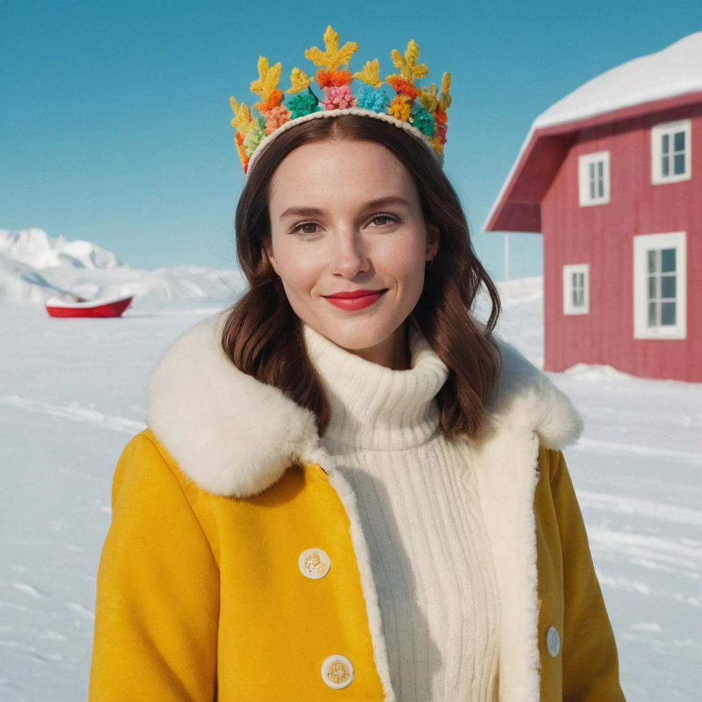 w3s and3rson movie style, bad winter queen ,crown,white,full body,happy smile,at a colorful north pole in colour palette by w3s and3rson,vivid colours