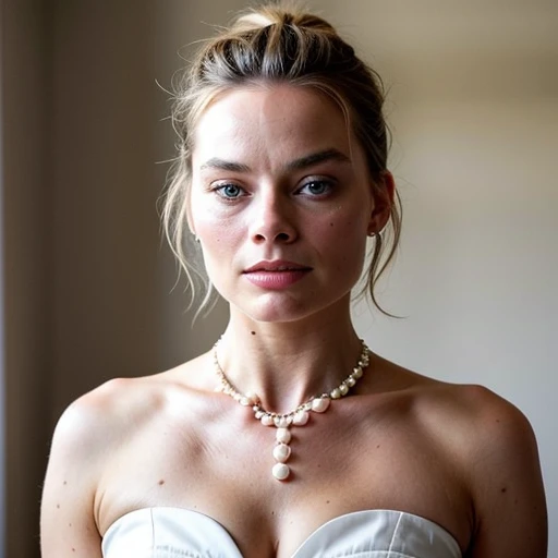 A photo of Margot_Robbie_512v1-9900, a woman in a short white dress, a woman wearing a pearl necklace,