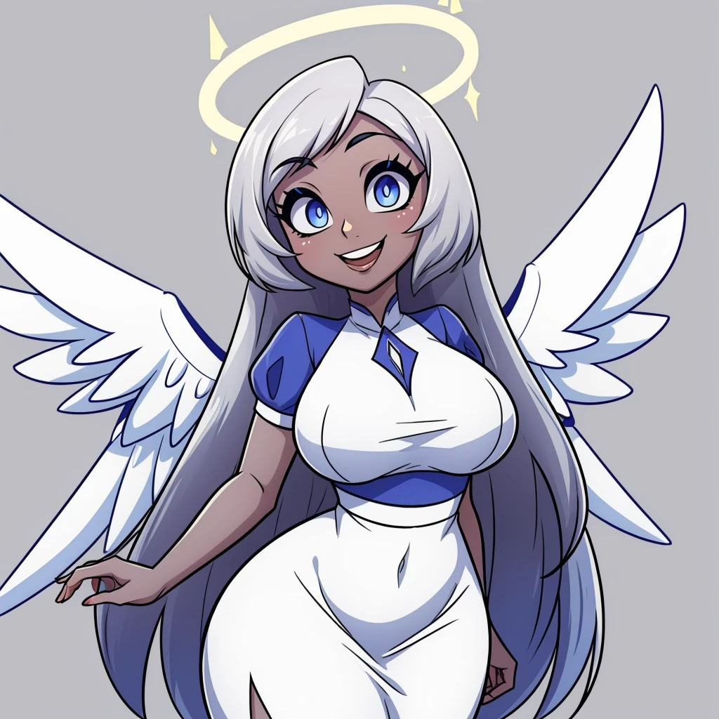 (masterpiece, best quality:1.3), 1girl, solo, looking at viewer, wide hips, mature female, closed mouth, seductive smile, large breasts, cowboy shot, thick thighs, <lora:add_detail:.5> Emily, angel, angel wings, halo, long hair, smile, blue eyes, white hair, (grey skin:1.2), colored skin, light blue sclera, very long hair, white dress, open mouth <lora:Emily Hazbin Hotel:.7>
