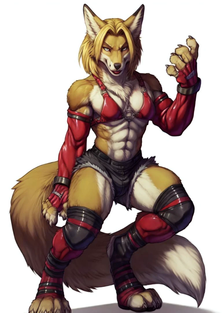 anthro,
male,
crossdressing,
solo,
1girl,
fox,
evil,
evil smile,
blood,
metal bikini,
breast plate,
tonned,
fingerless gloves,
blonde hair,
makeup,
lipstick,
abs,
shorts,
denin shorts,
knee pads,
red gloves, elbow gloves, detached sleeves,
boots,
knee protectors,
shin guards,
<lora:Fox_Bloody_Roar:1> fox_bloody_roar, (by enro the mutt, by nezumi, by rajii, by, honovy,:1.1) best quality, good quality,
